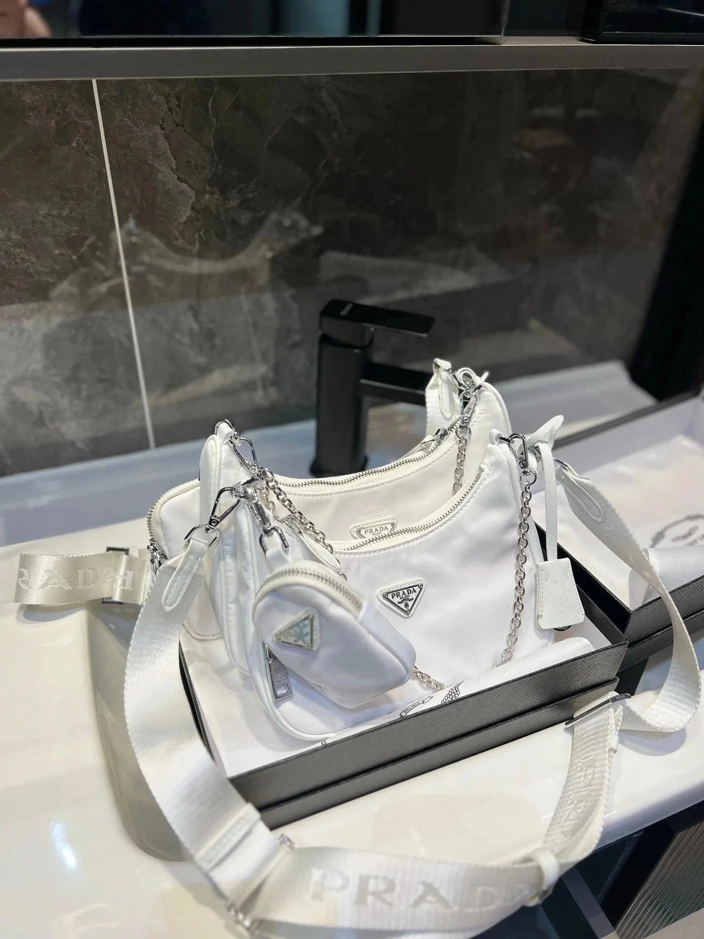 Prada White Nylon Crossbody Bag with Chain Detail
