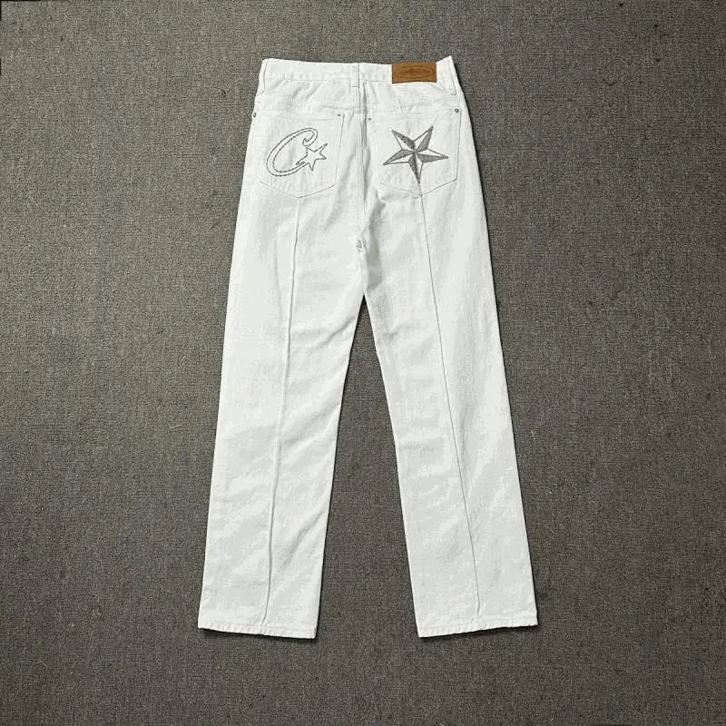 White Embroidered Denim Pants with Star Logo