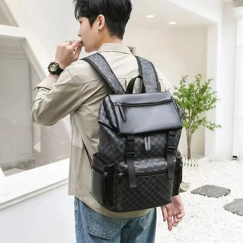 Fashionable Men's Backpack with Monogram Pattern and Multiple Pockets