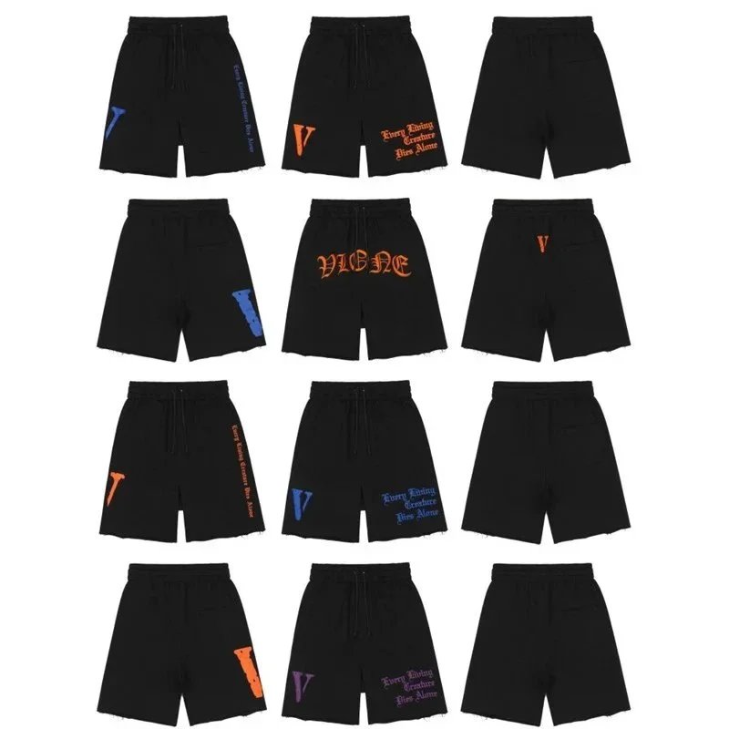 VICNE Black Cotton Shorts with Logo Print for Men and Women