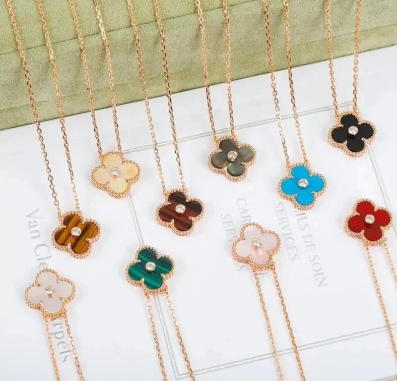 Four-Leaf Clover Pendant Necklace in Rose Gold with Colored Stones