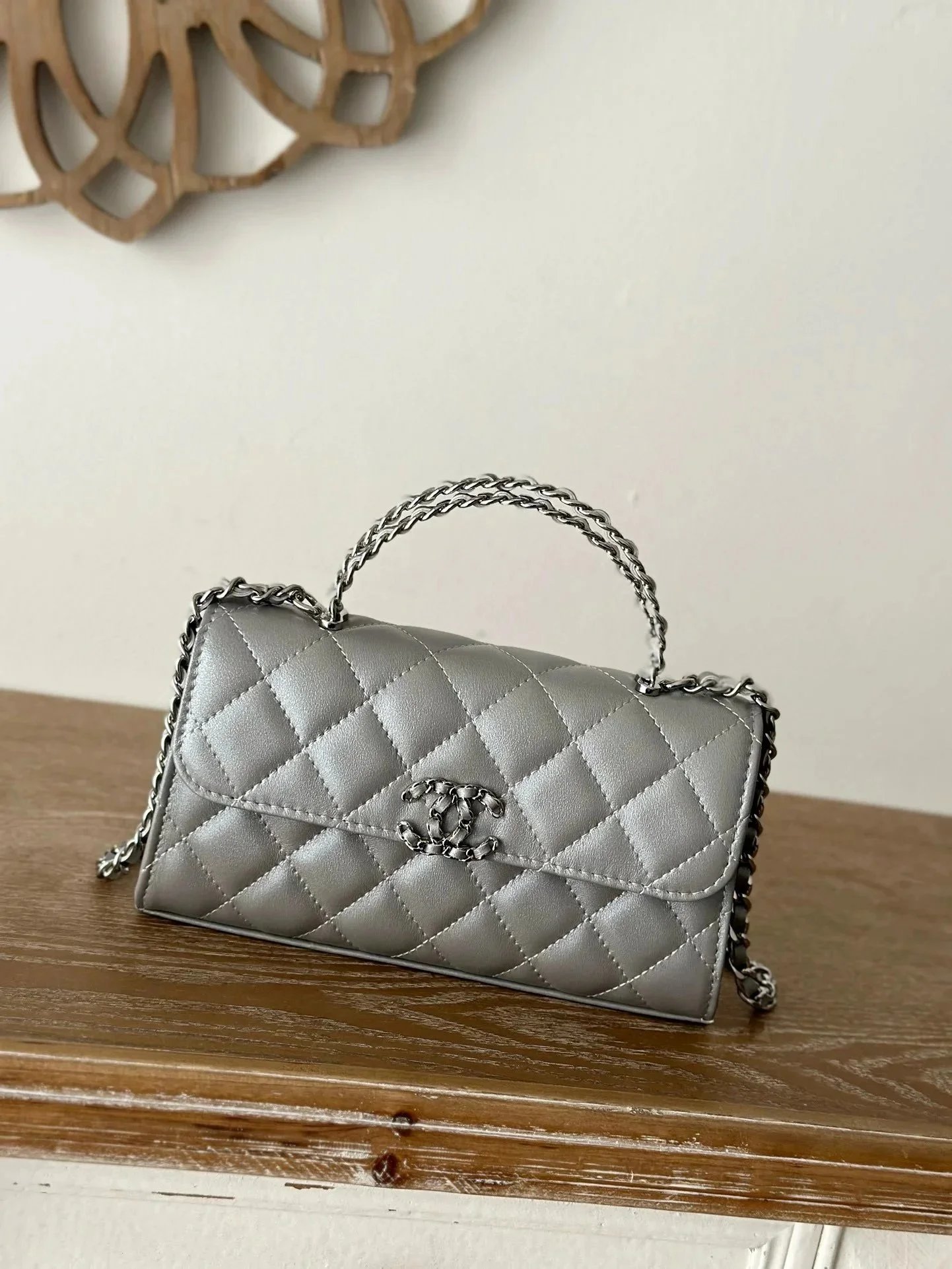 Chanel Grey Quilted Leather Handbag with Chain Handle