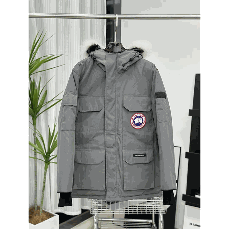 Canada Goose Men's Grey Parka Winter Jacket with Hood and Logo Patch