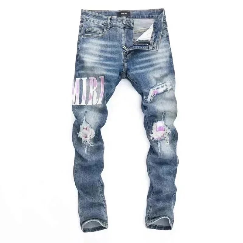 Ripped Denim Jeans with Bold Logo Print for Men