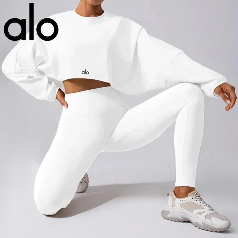 Alo Yoga White Cropped Sweatshirt and Leggings Set