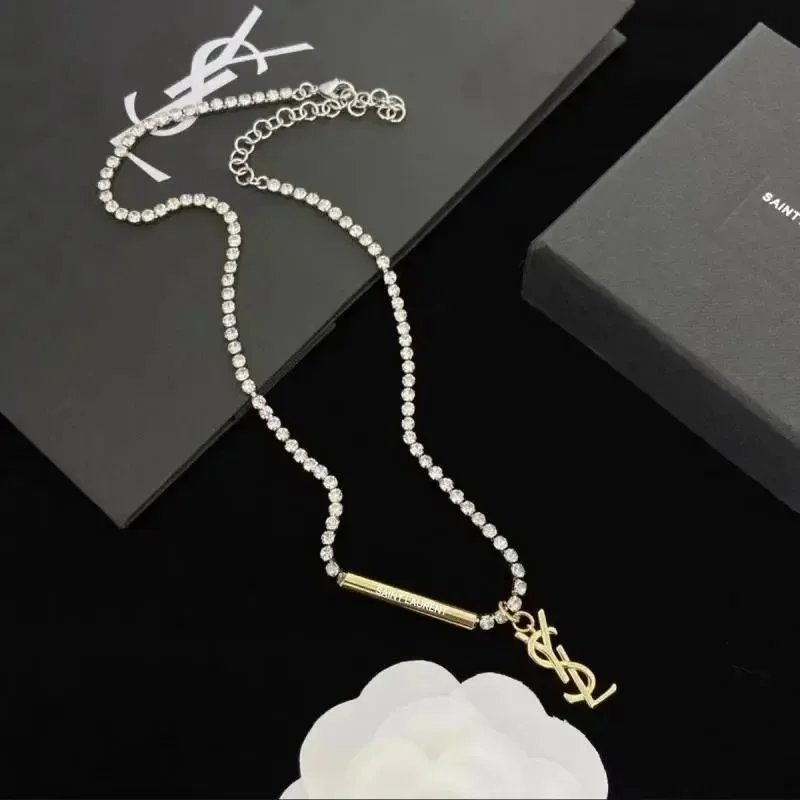 Saint Laurent Crystal Pendant Necklace with YSL Logo