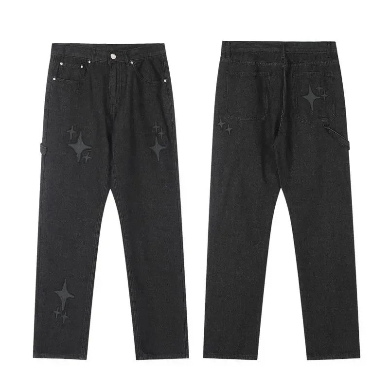 Black Star Embroidered Denim Pants for Men Women Fashion Streetwear