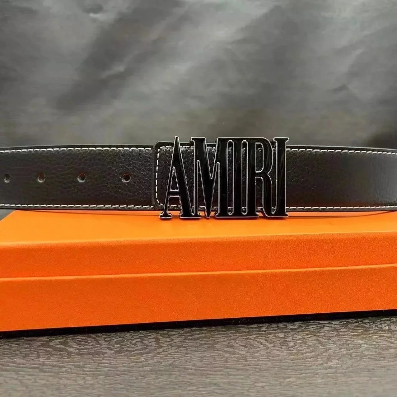 AMIRI Black Leather Belt with Logo Buckle