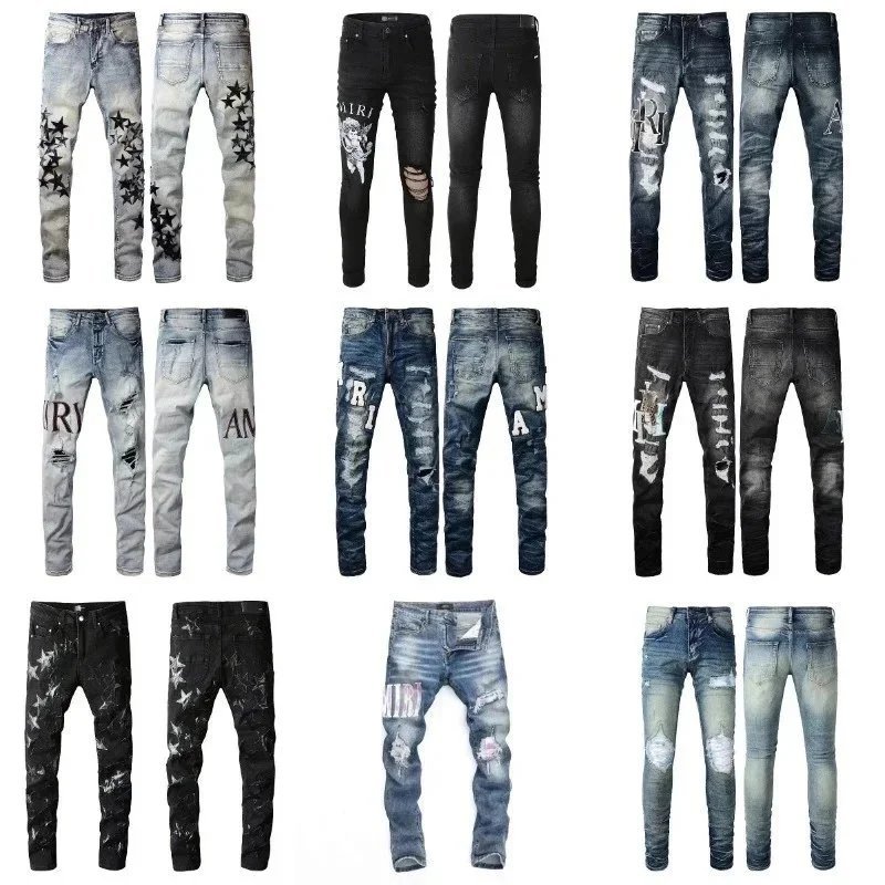 Ripped Denim Jeans for Men with Star and Letter Print Slim Fit Pants