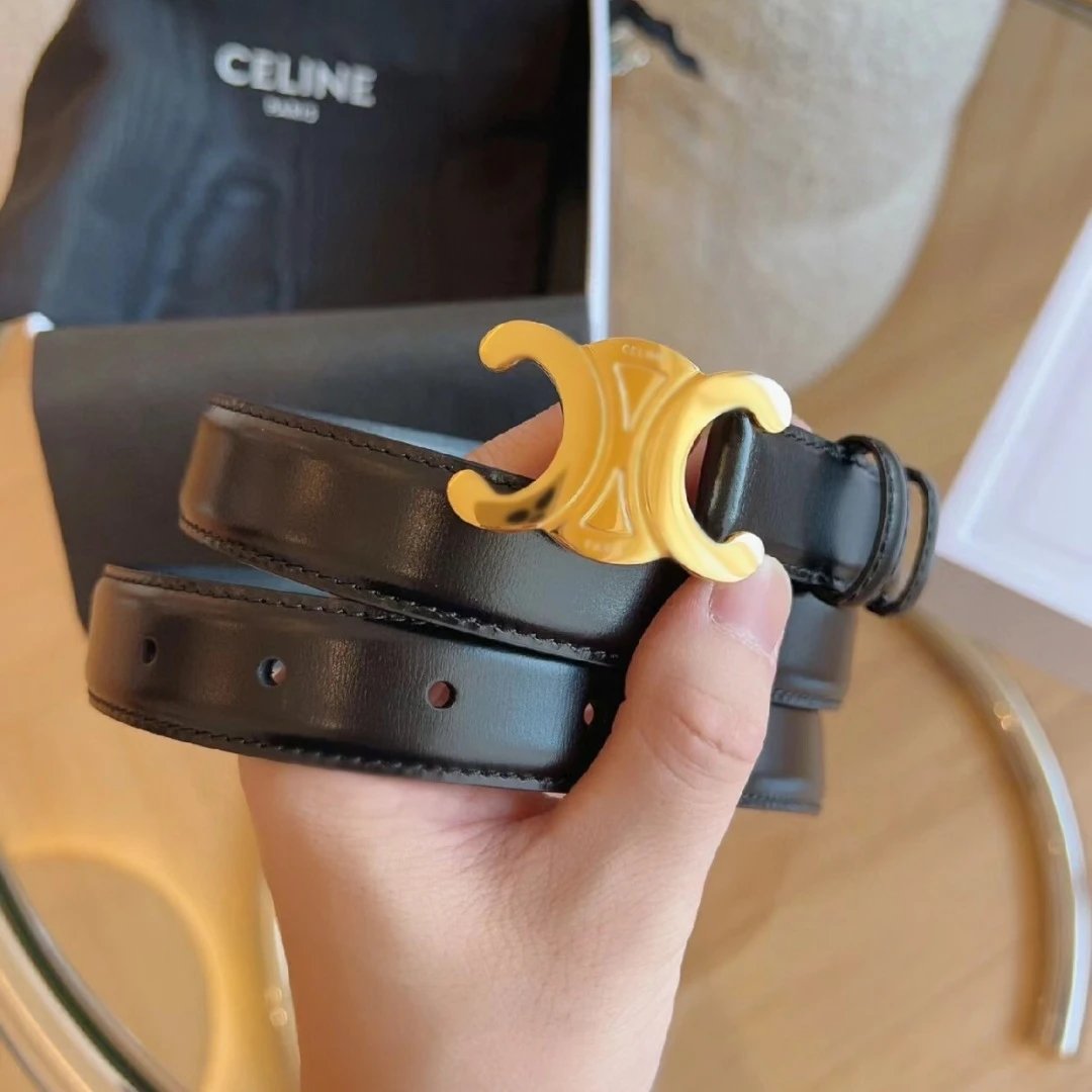 Celine Black Leather Belt with Gold Logo Buckle