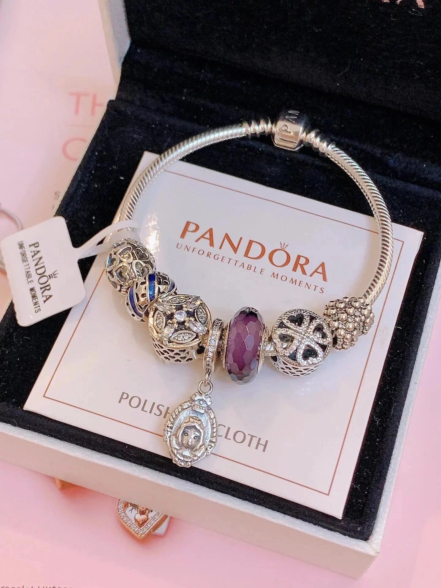 PANDORA Silver Charm Bracelet with Crystal Charms and Pendant