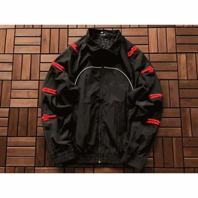 Black Track Jacket with Red Accents and White Zipper Design