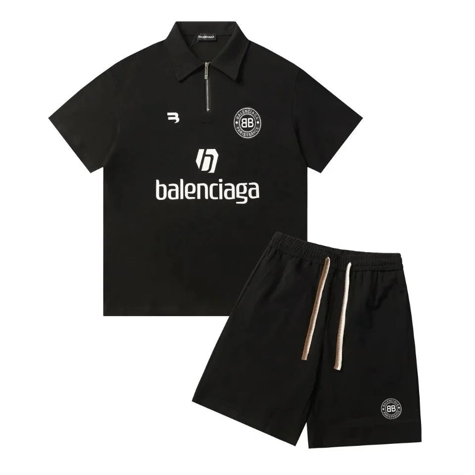 Balenciaga Black Polo Shirt and Shorts Set for Men