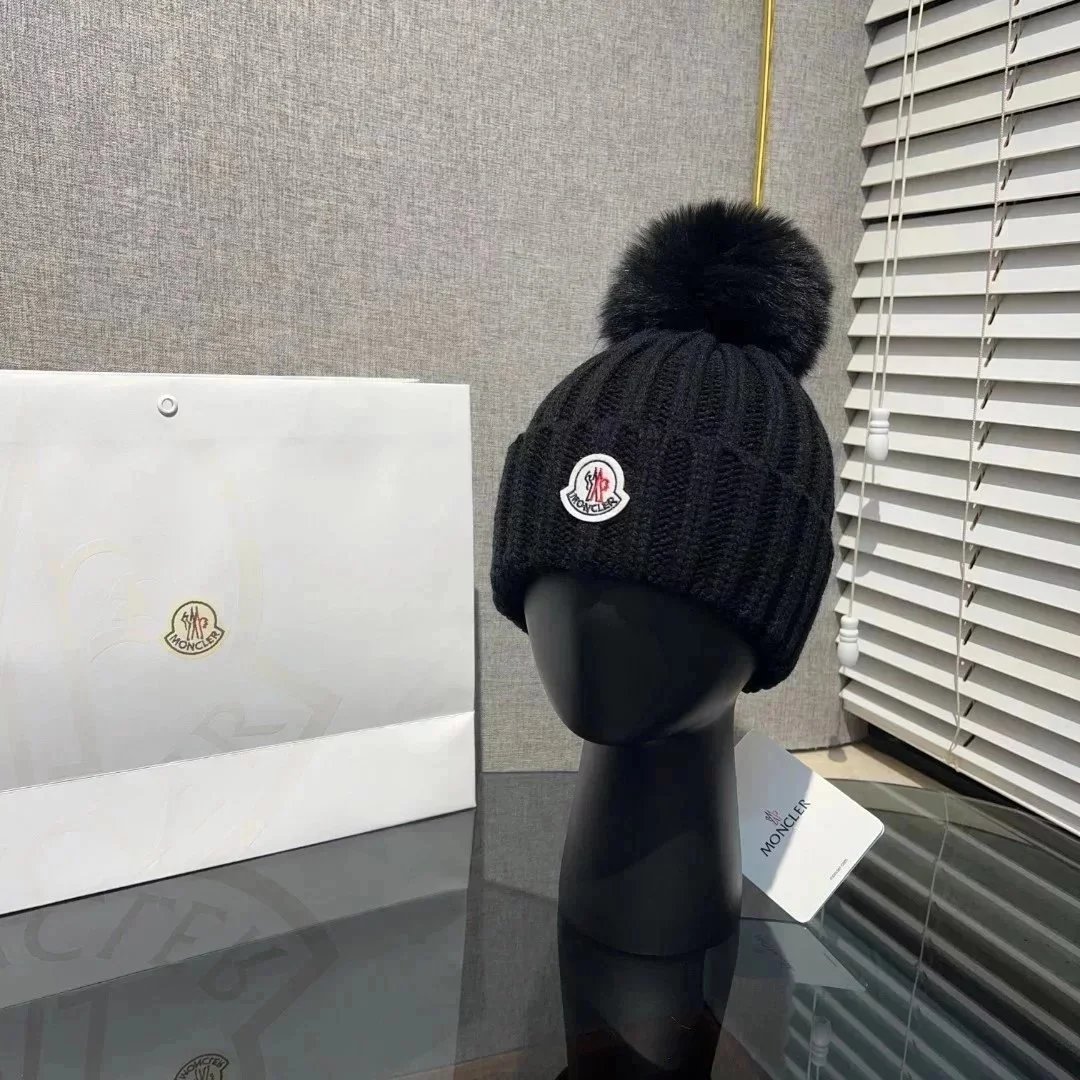 Moncler Black Knit Beanie with Fur Pom-Pom