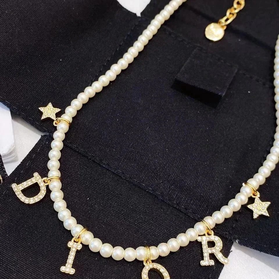 Dior Pearl Necklace with Crystal Letters and Stars