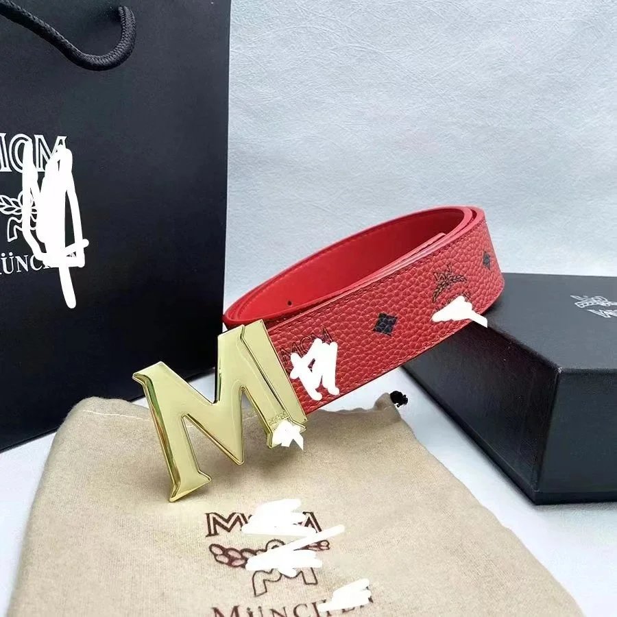 MCM Red Monogram Leather Belt with Gold M Buckle