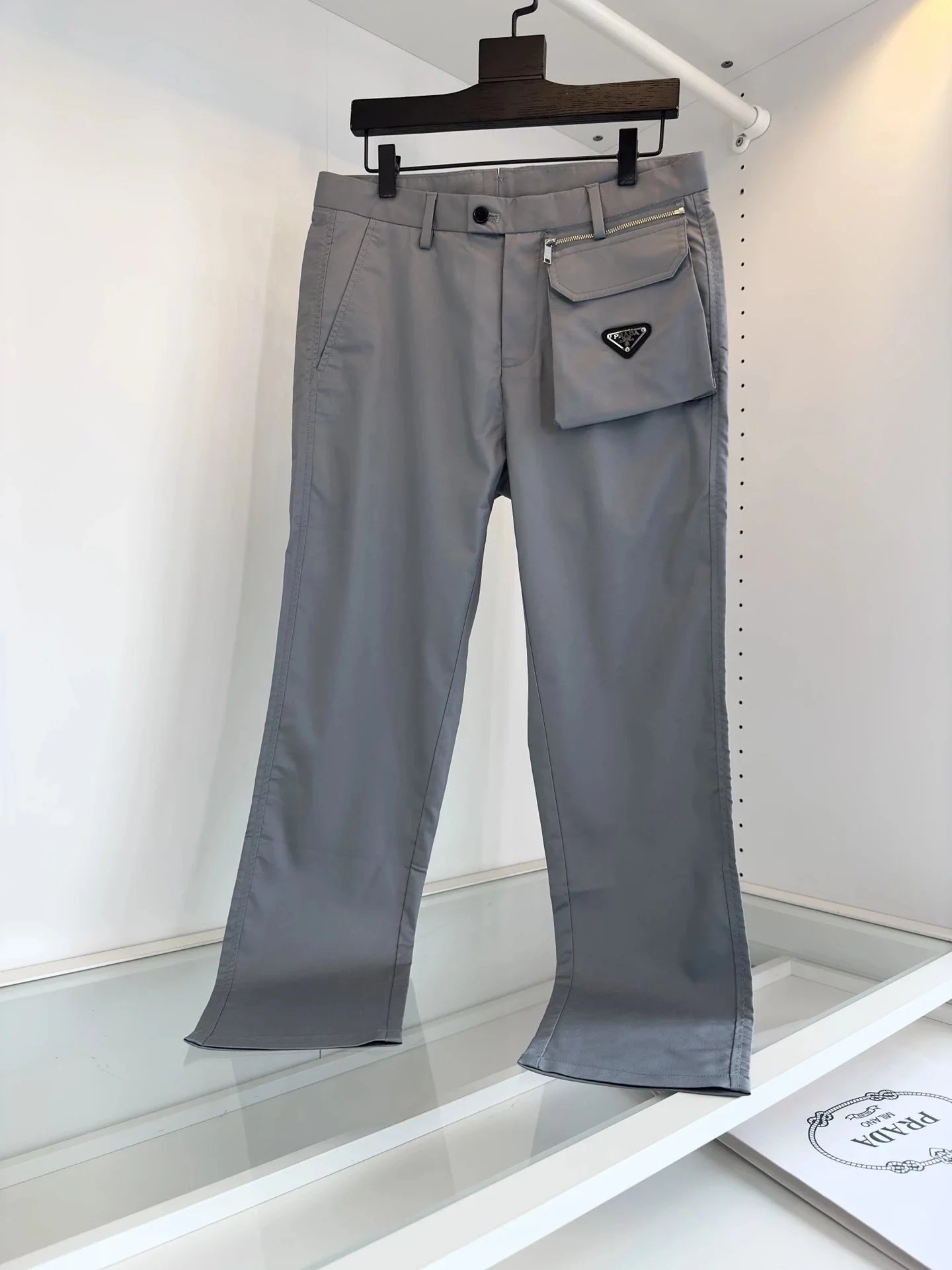 Gray Prada Men's Tapered Fit Pants with Logo Pocket