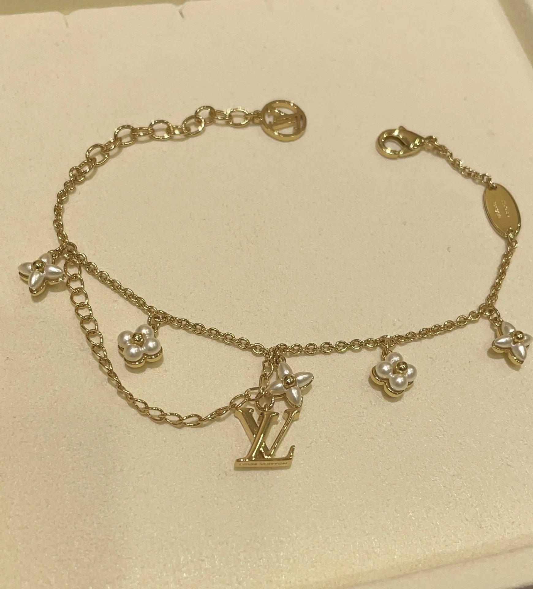 Louis Vuitton Gold Tone Flower Charm Bracelet with LV Logo