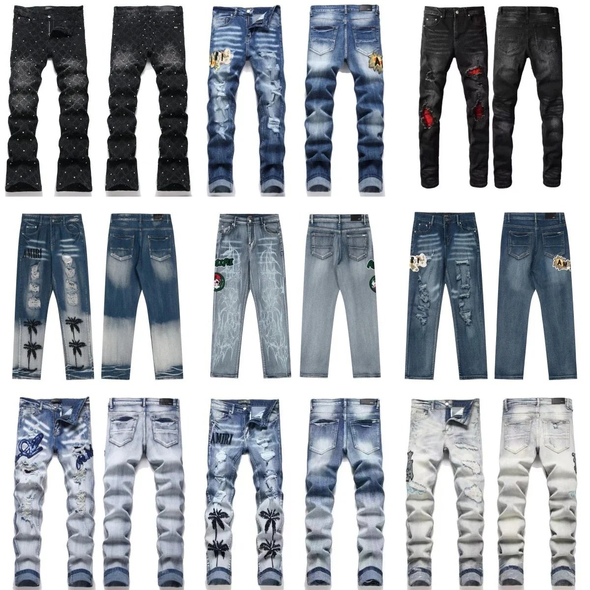 AMIRI Men's Distressed Ripped Denim Jeans with Embroidery and Patches