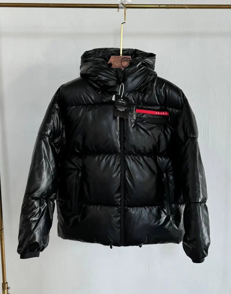 Prada Black Nylon Down Jacket with Hood and Logo Patch