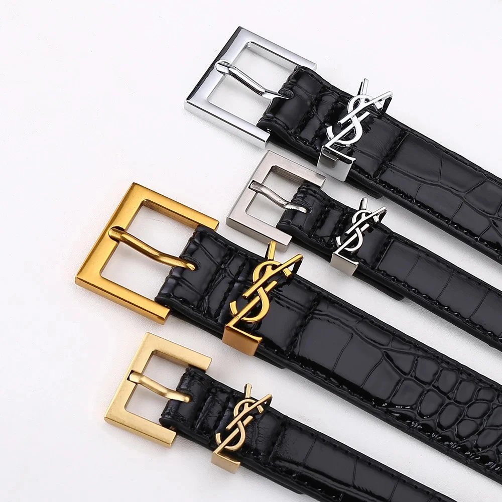 Saint Laurent Black Crocodile-Embossed Leather Belt with Logo Buckle