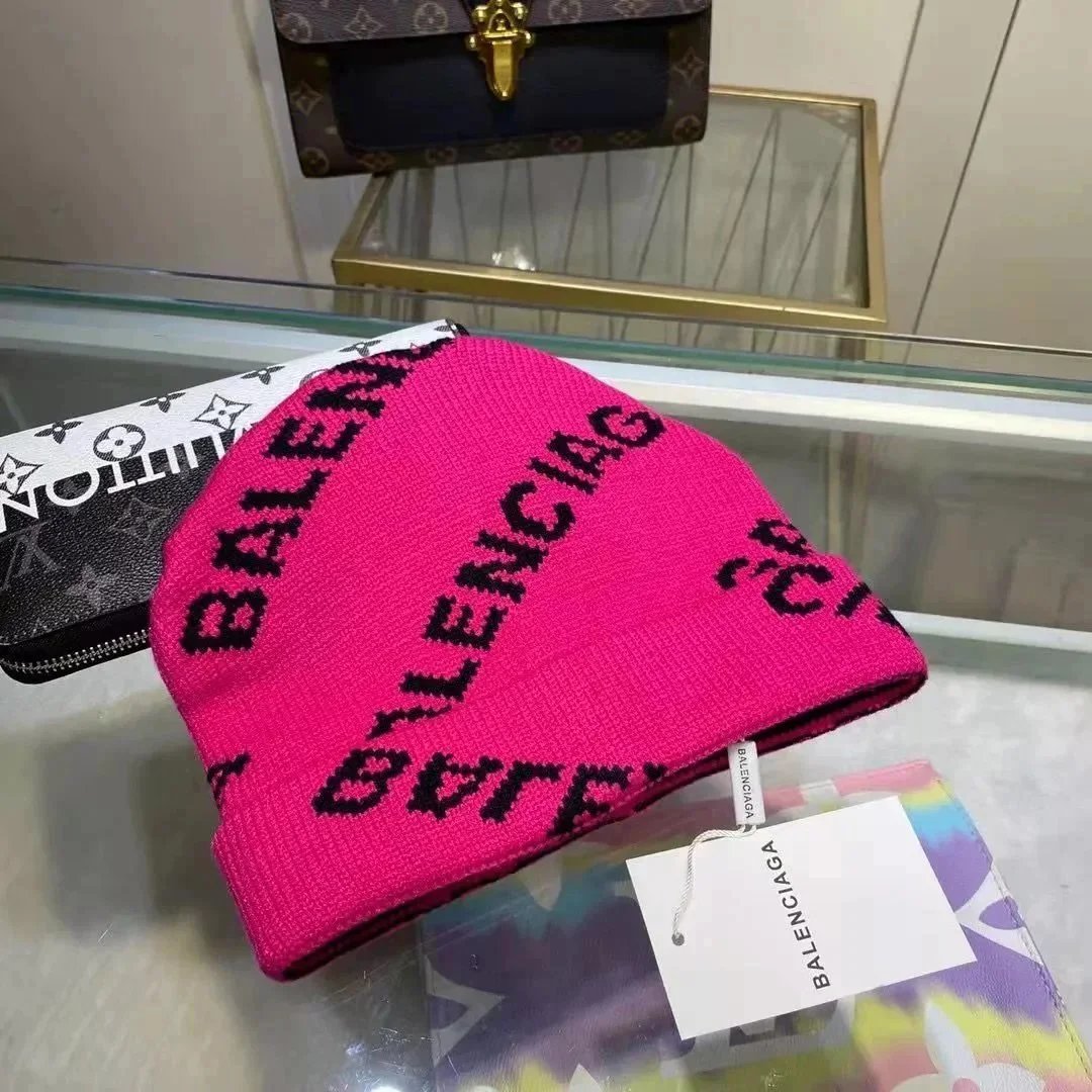 Balenciaga Pink Logo Knit Beanie Hat for Women and Men