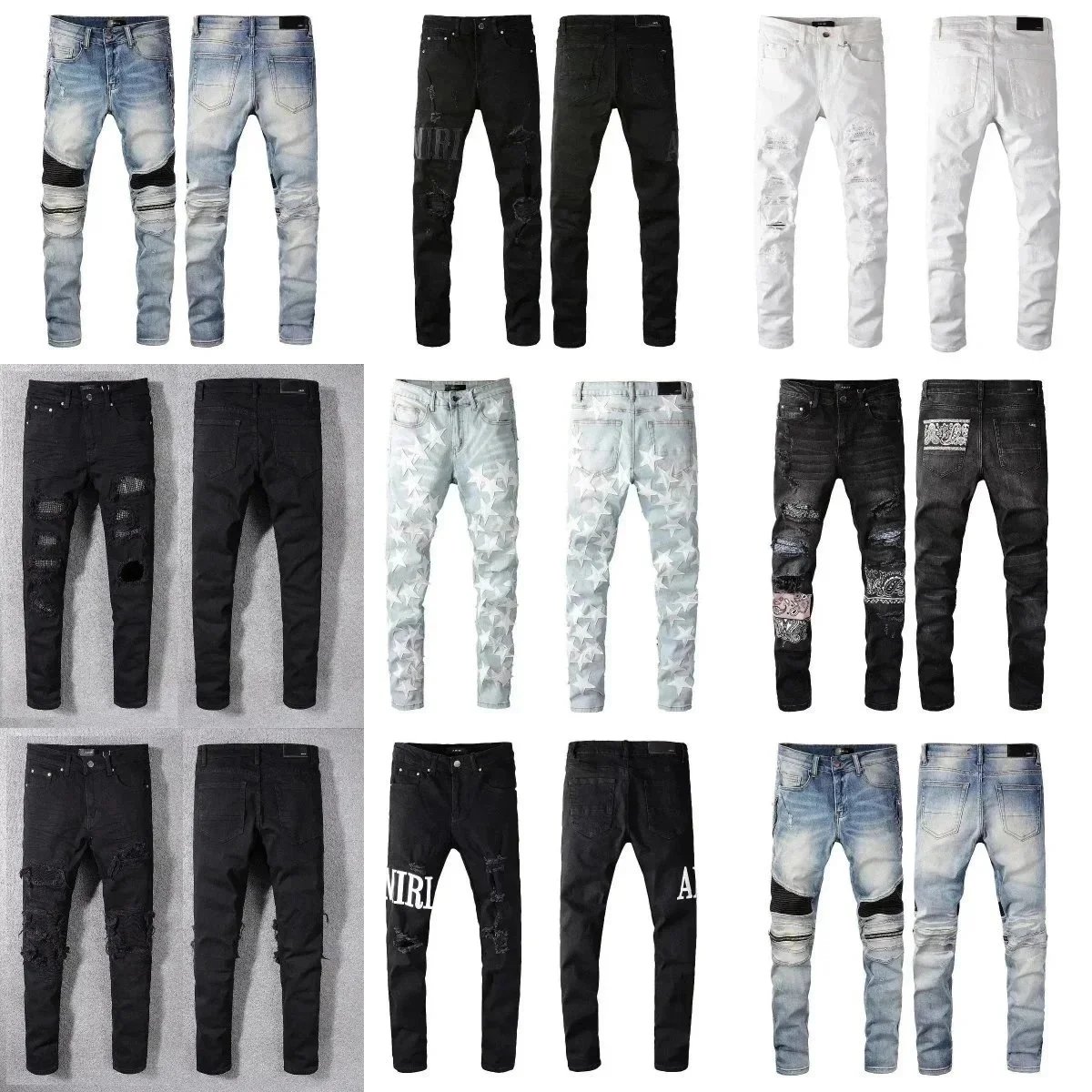 Men's Fashion Ripped Jeans Slim Fit Denim Pants with Patches and Stars Design