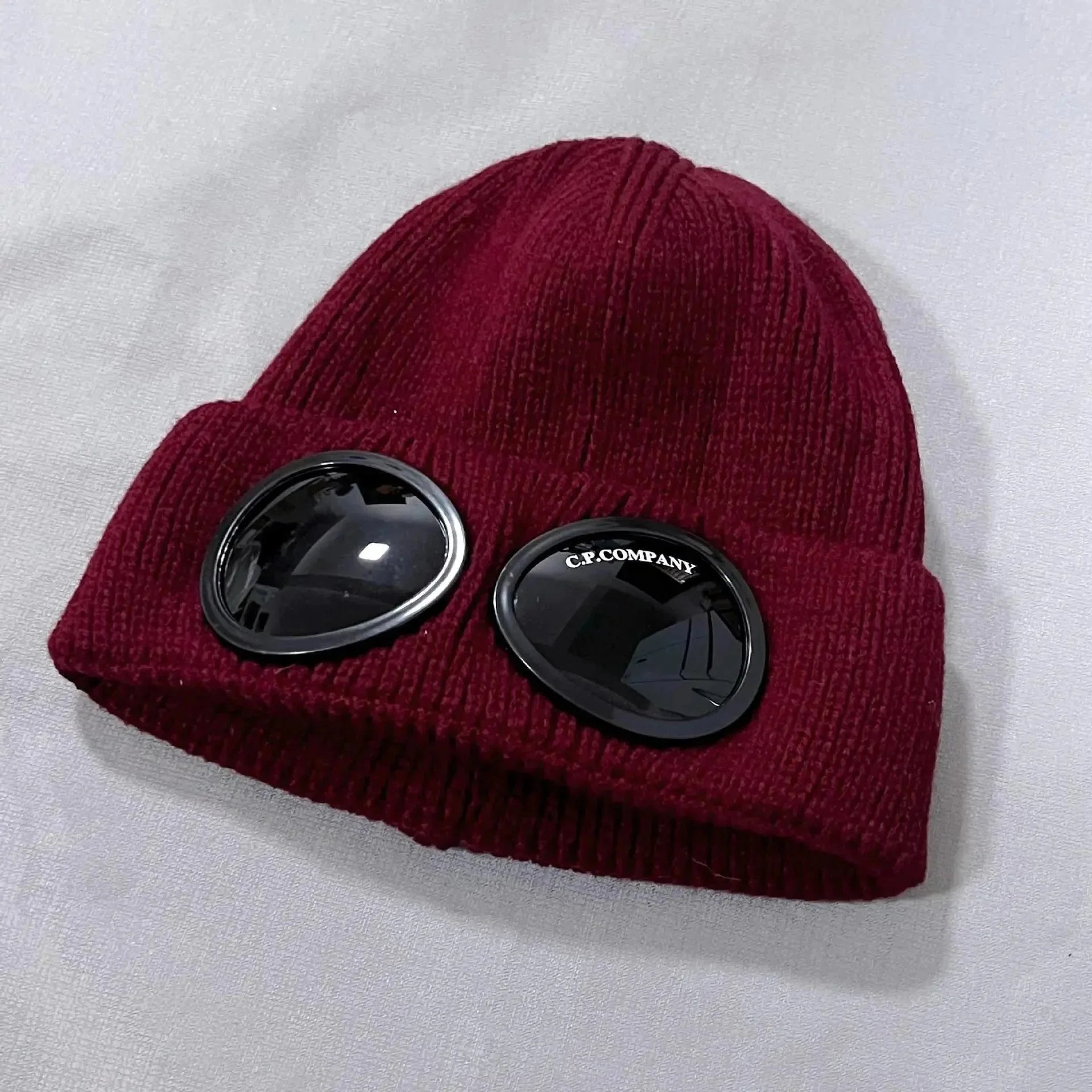 C.P. COMPANY Red Knit Beanie with Lens Detail