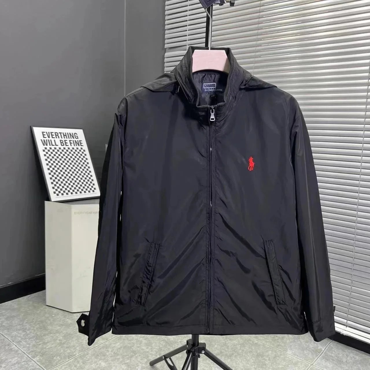 Black Polo Ralph Lauren Windbreaker Jacket with Red Pony Logo