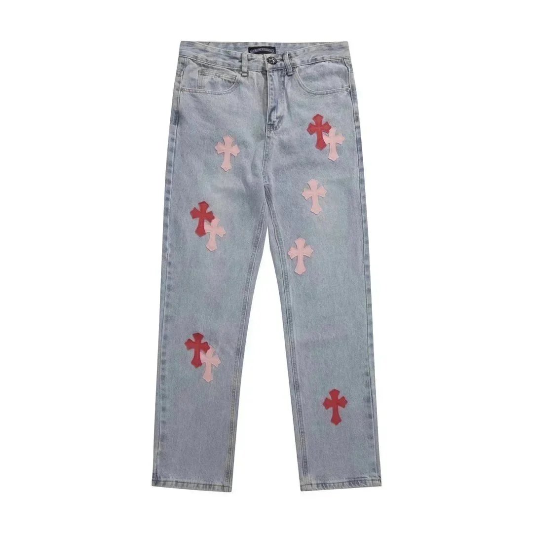 Light Blue Denim Jeans with Red and Pink Cross Patches
