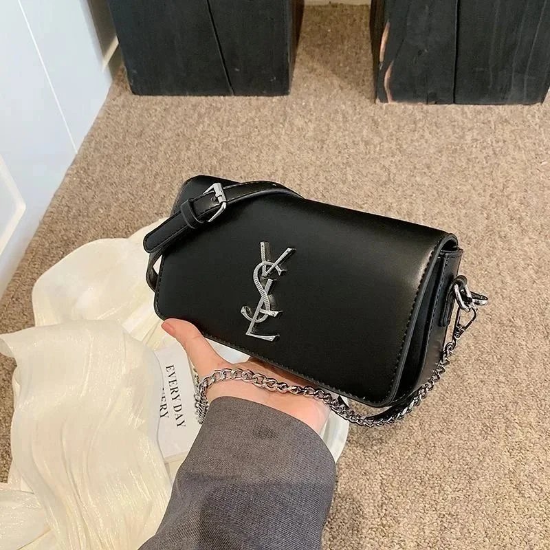 Saint Laurent Black Leather Crossbody Bag with YSL Logo