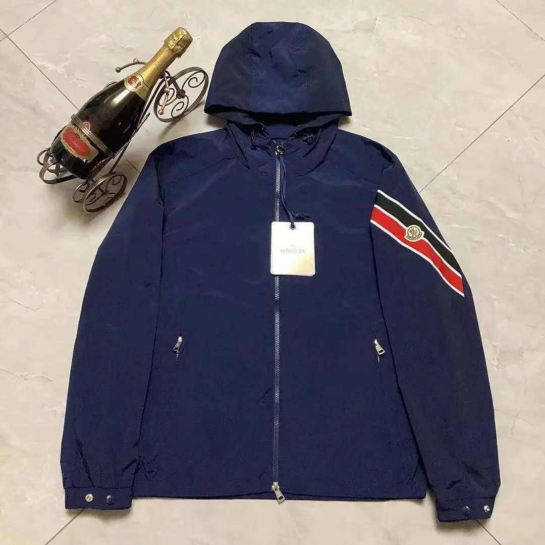 Moncler Navy Blue Hooded Windbreaker Jacket with Stripe Detail