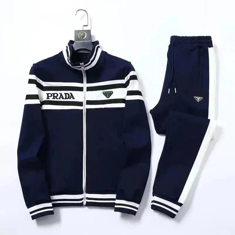 Prada Men's Navy Blue Track Suit with White Stripes