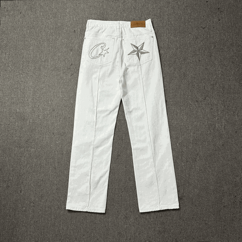 White Embroidered Denim Pants with Star Logo