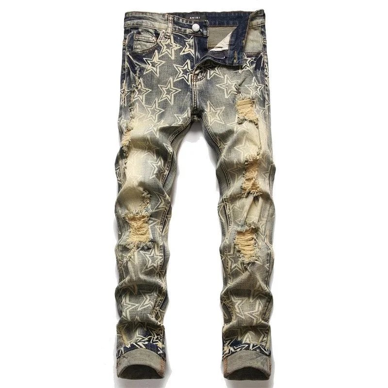 Men's Star Print Ripped Distressed Jeans Fashion Denim Pants