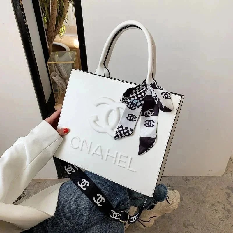 Chanel White Tote Bag with Logo and Scarf Design