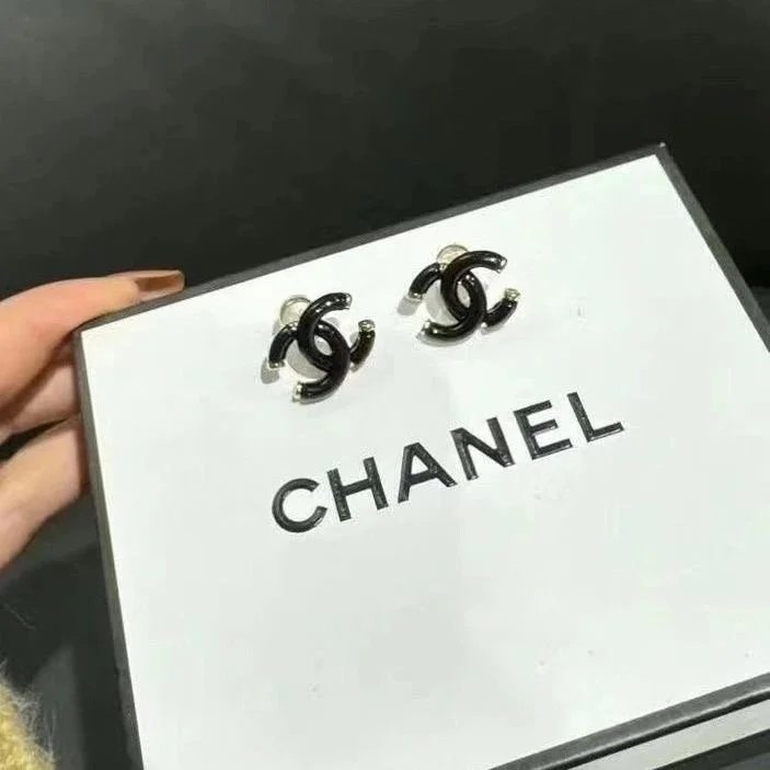 CHANEL Classic CC Logo Stud Earrings Black Enamel Silver Tone
