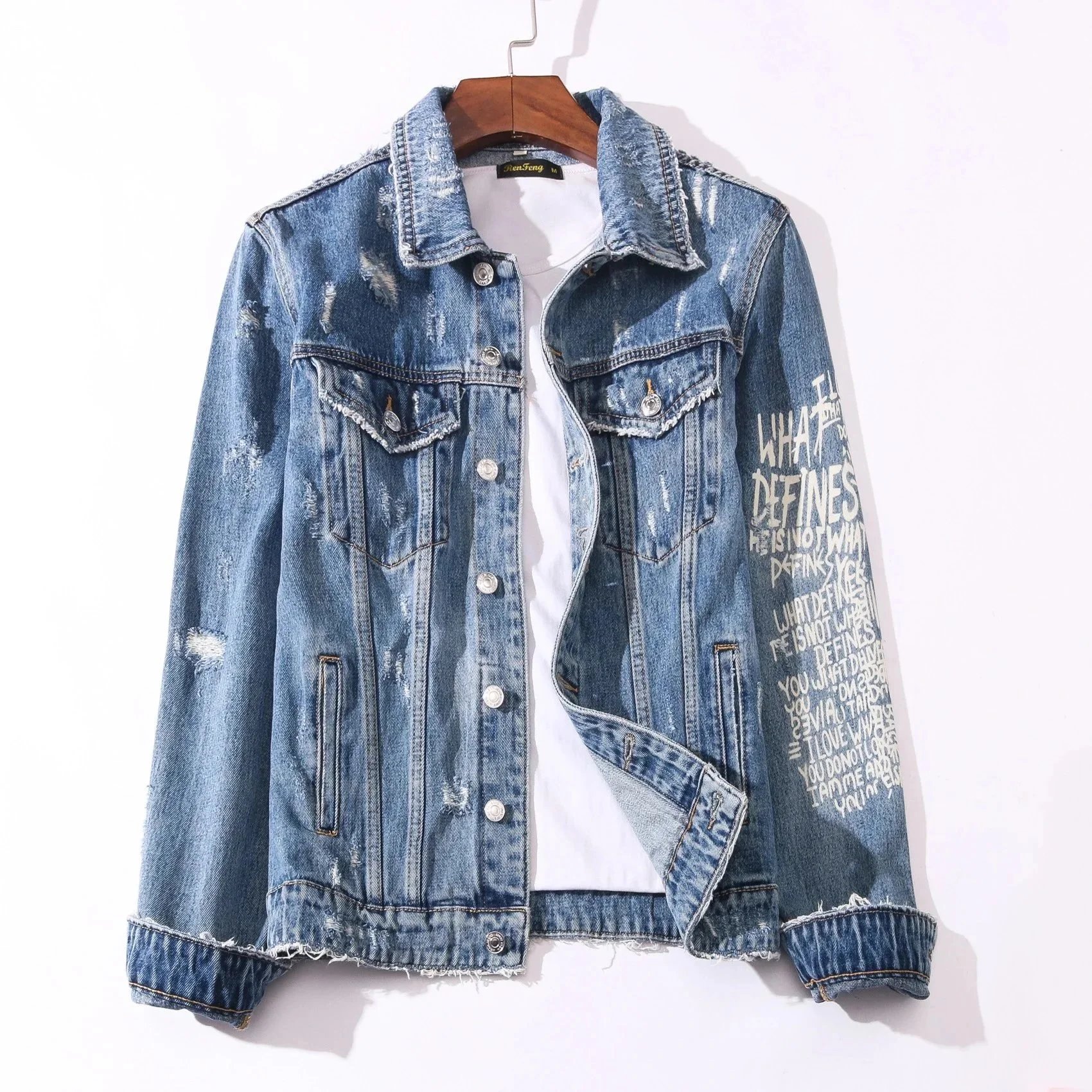 Ripped Denim Jacket with Graphic Print for Men