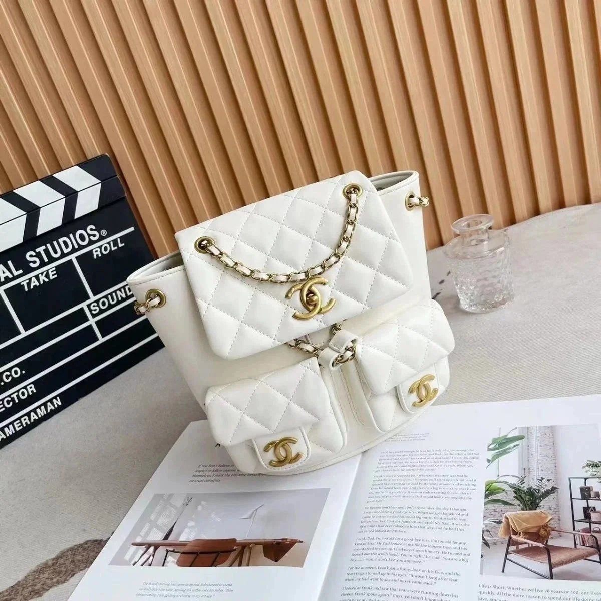 White Quilted Leather Shoulder Bag with Gold Chain