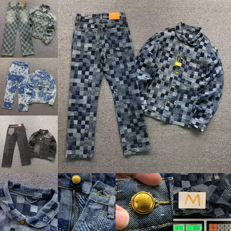 LV Checkerboard Denim Jacket and Pants Set for Men