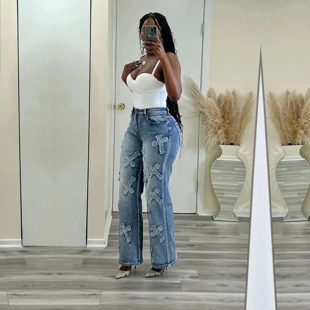 High-Waisted Cross Patch Denim Pants for Women