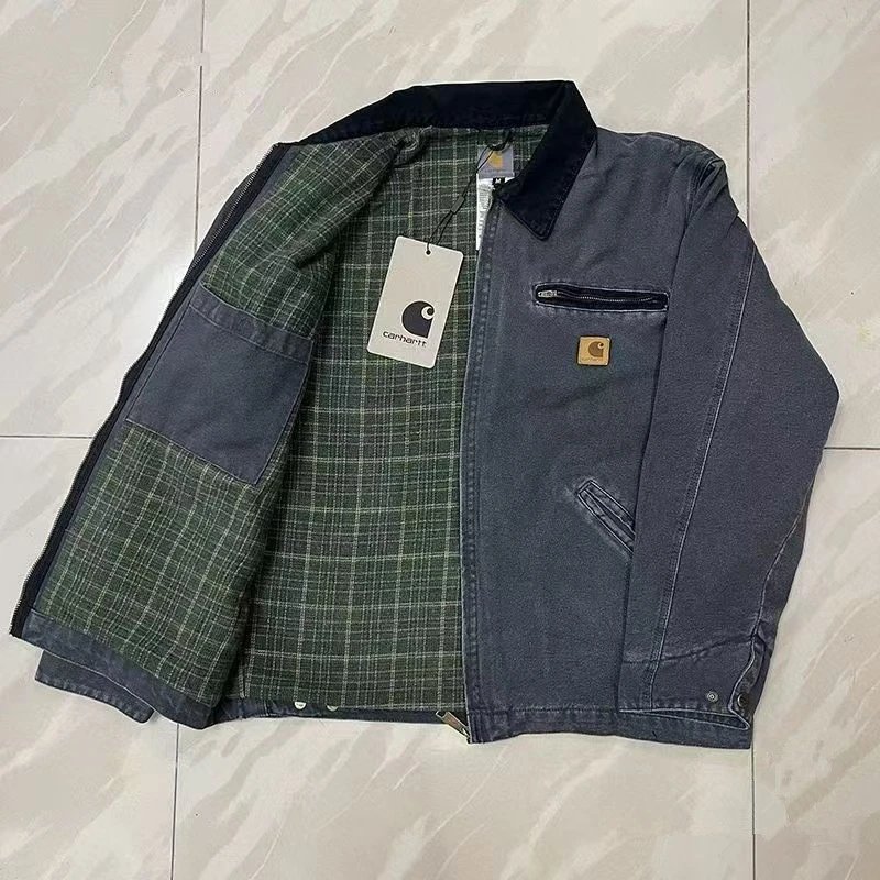 Carhartt Work Jacket Men's Dark Gray Canvas with Green Plaid Lining