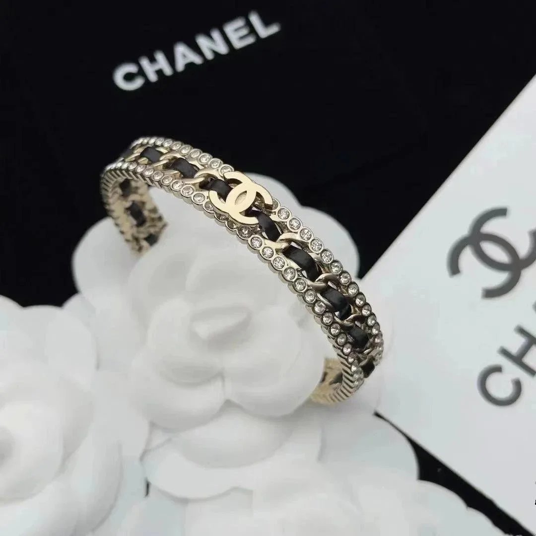 Chanel Crystal Embellished Chain Bracelet Gold Tone