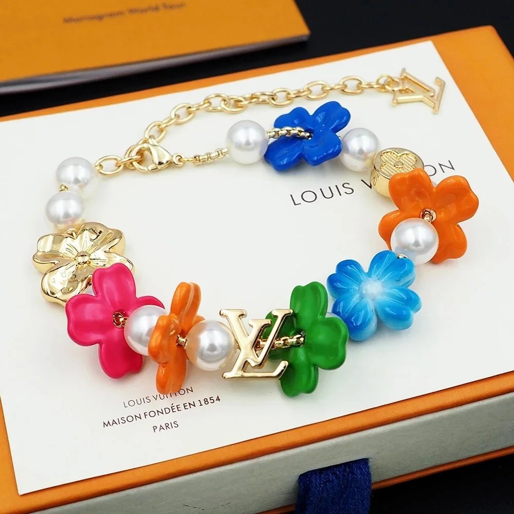 Louis Vuitton Colorful Flower Pearl Bracelet with LV Logo Charm