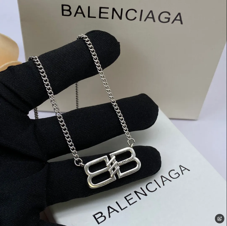 Balenciaga Double B Logo Silver Necklace for Women and Men