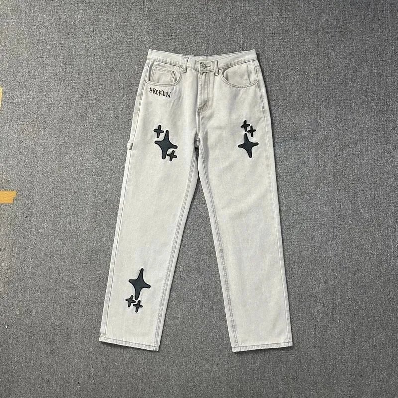 Broken Brand White Denim Pants with Star Patches