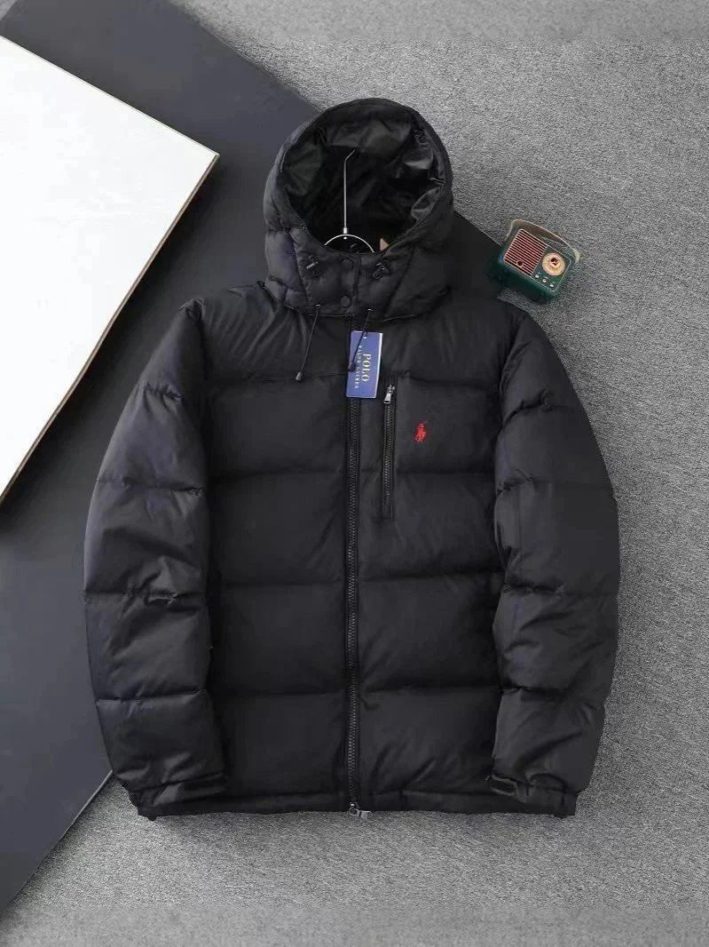 Men's Black Hooded Down Jacket with Red Pony Logo