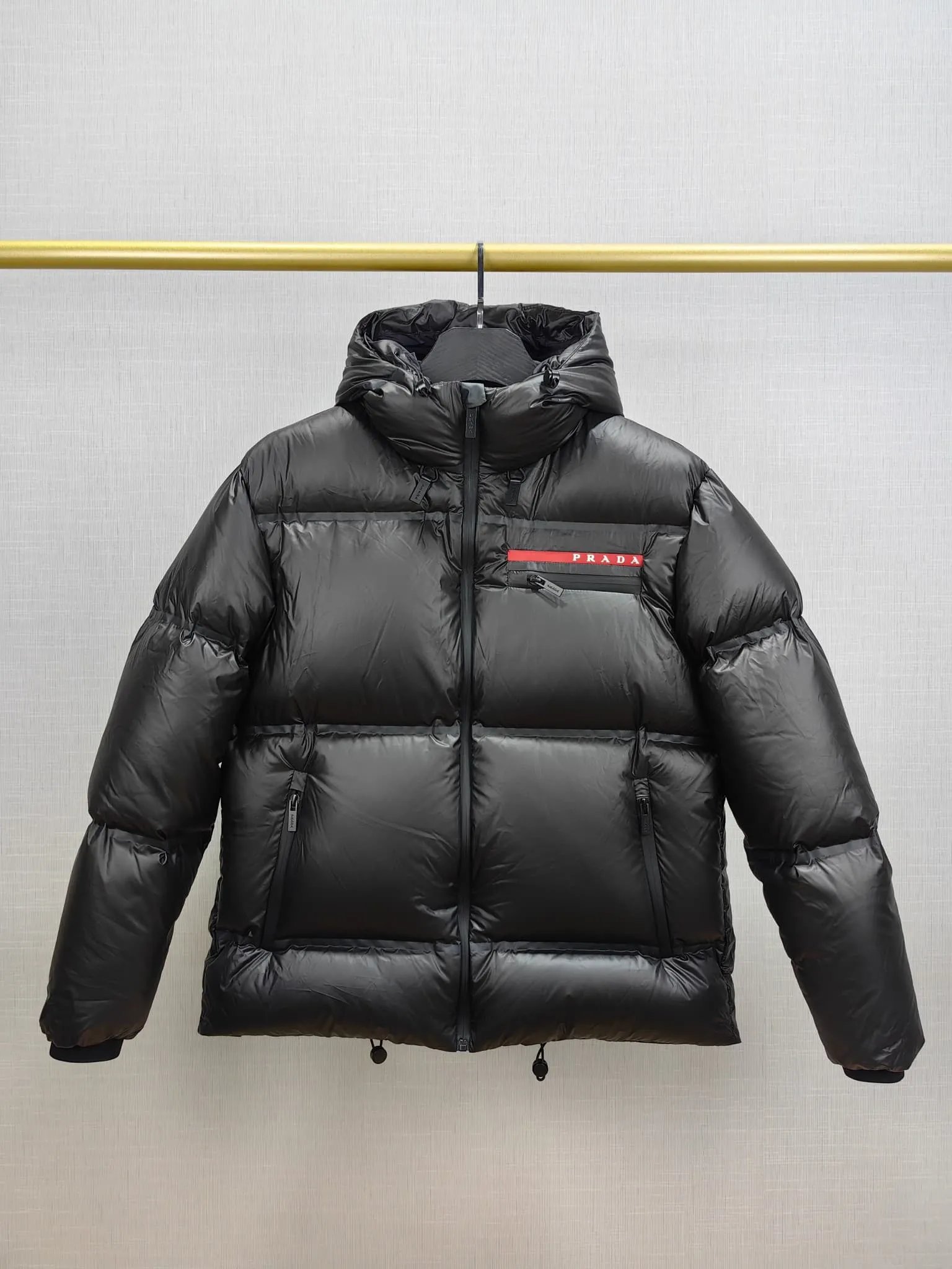 Prada Black Down Puffer Jacket with Hood and Logo Patch