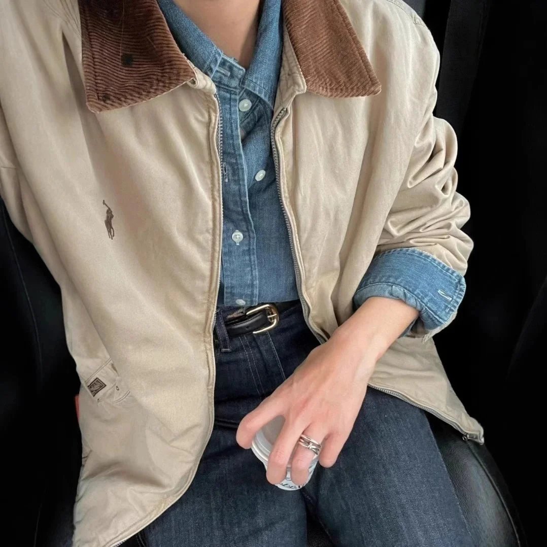 Men's Beige Corduroy Collar Jacket with Pony Logo