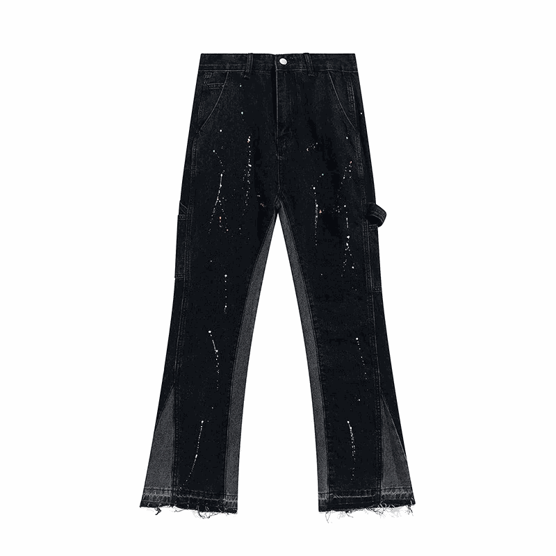 Black Distressed Denim Flare Pants with Mesh Panels